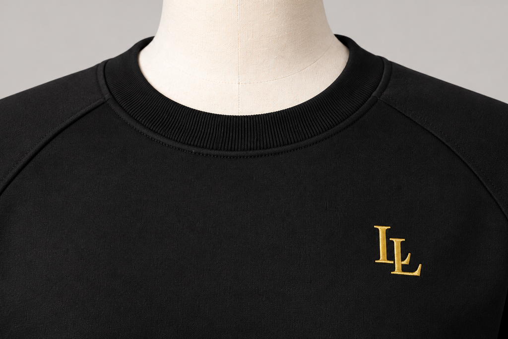 Lalesia Comfort light sweatshirt – Detail Rundhalsausschnitt Raglannaht und goldenes LL-Logo
