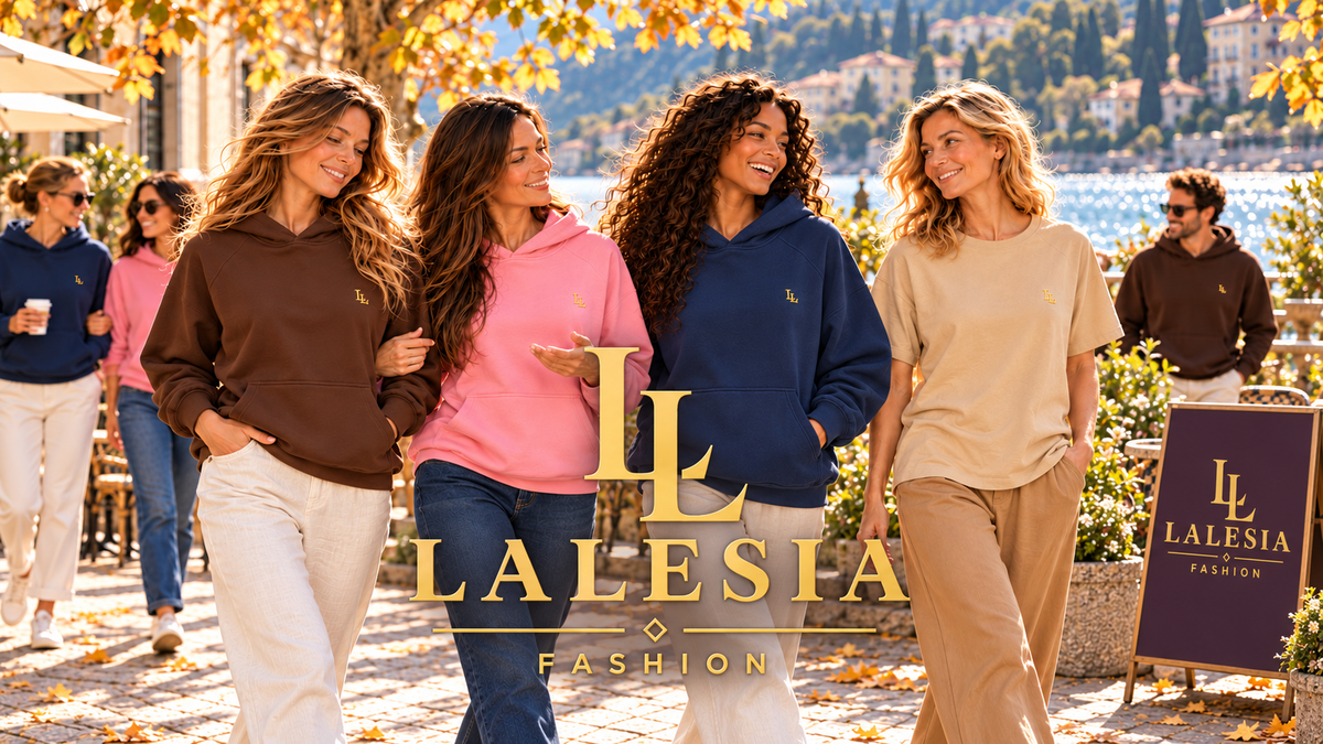 Lalesia Fashion – vier vaste modellen en figuranten op een zonnige promenade met het gouden Lalesia-logo in beeld